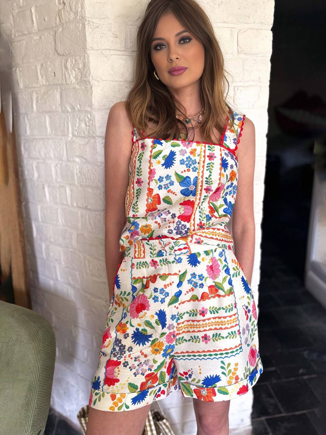 Cocolii ensemble deux pièces vintage imprimé pour vacances femme haut bretelle sans manches et avec poches short style vacances