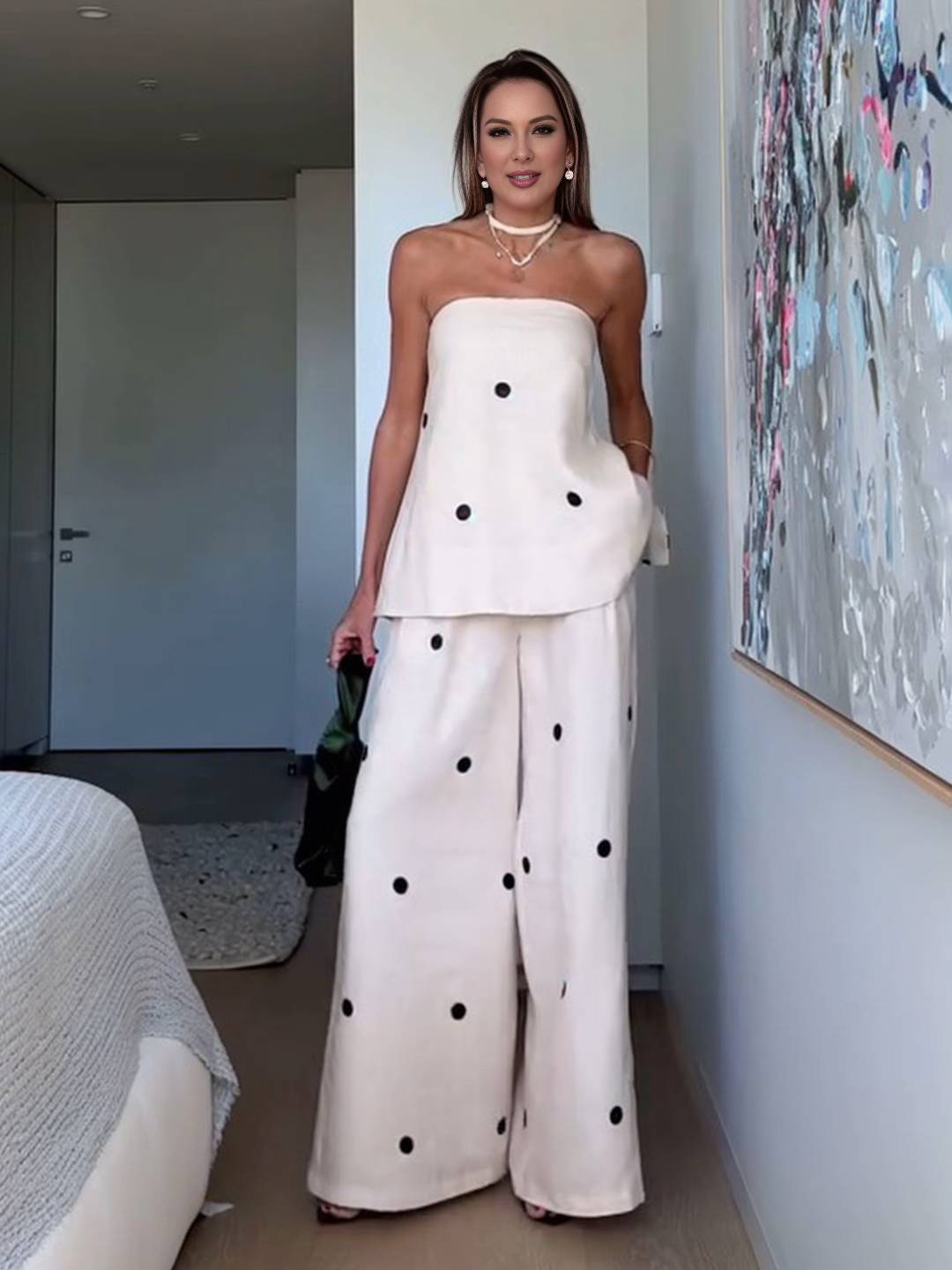 Cocolii 2 pièces ensembles avec pantalon larges jambes évasé top à pois fendu fermeture éclair bustier pour femme les vacances