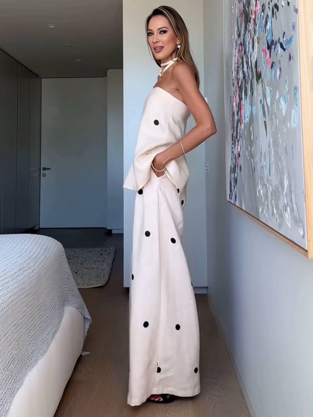 Cocolii 2 pièces ensembles avec pantalon larges jambes évasé top à pois fendu fermeture éclair bustier pour femme les vacances