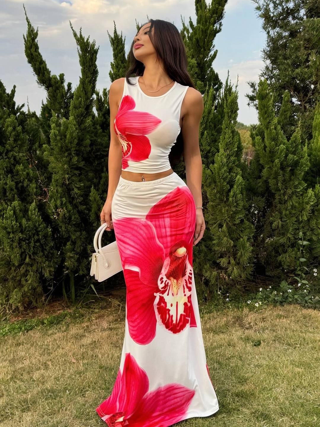 Cocolii ensemble robe d'été fleurie cropped col rond sans manches top et longue jupe femme décontracté vintage de plage