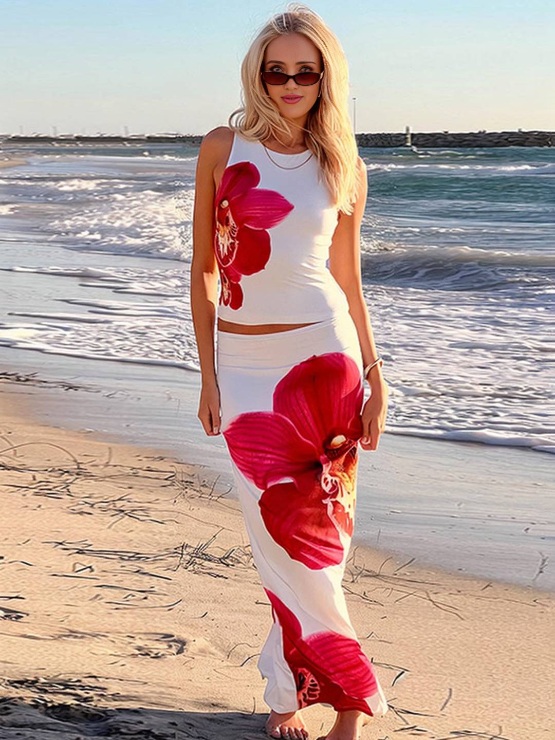 Cocolii ensemble robe d'été fleurie cropped col rond sans manches top et longue jupe femme décontracté vintage de plage