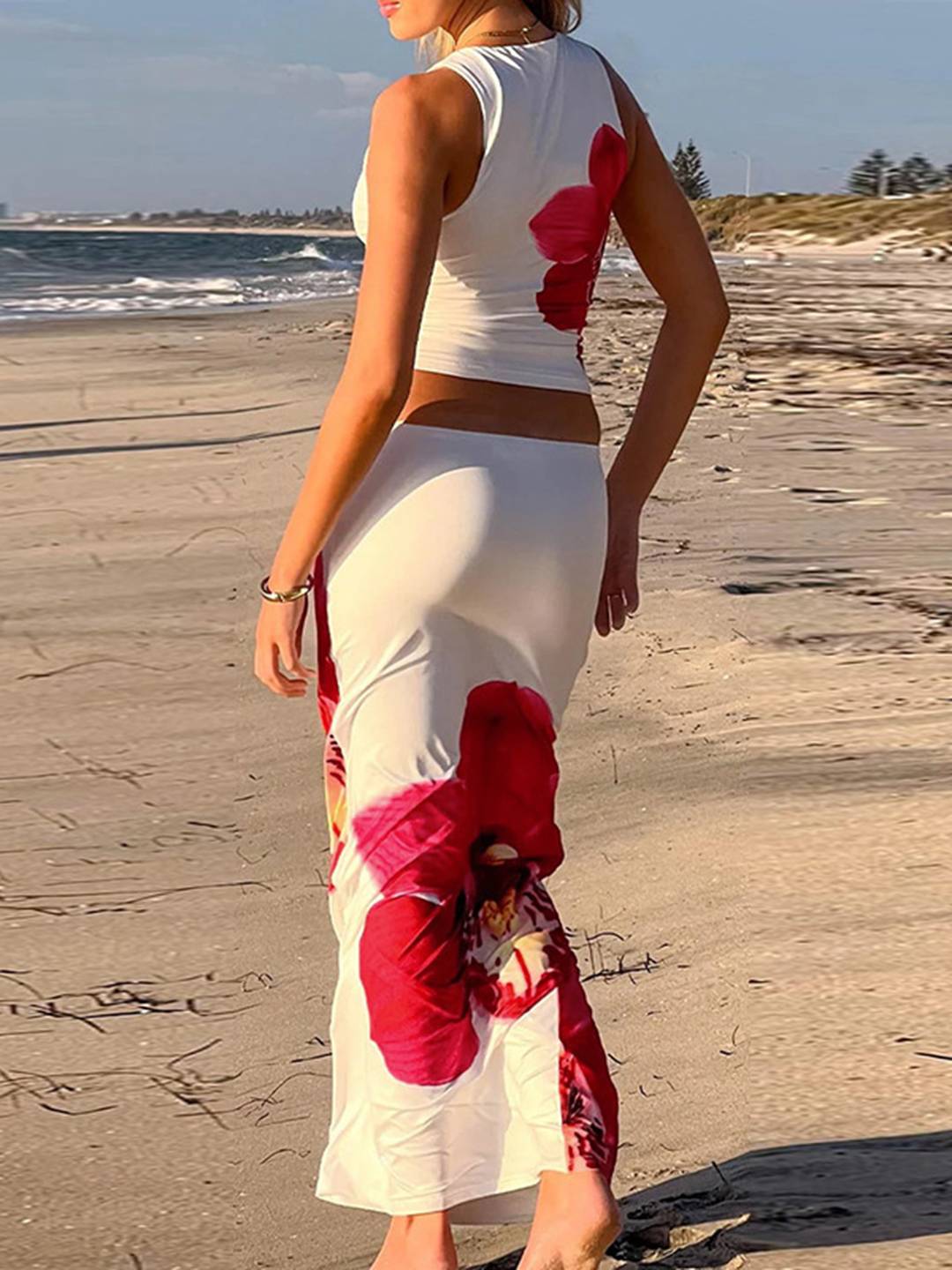 Cocolii ensemble robe d'été fleurie cropped col rond sans manches top et longue jupe femme décontracté vintage de plage