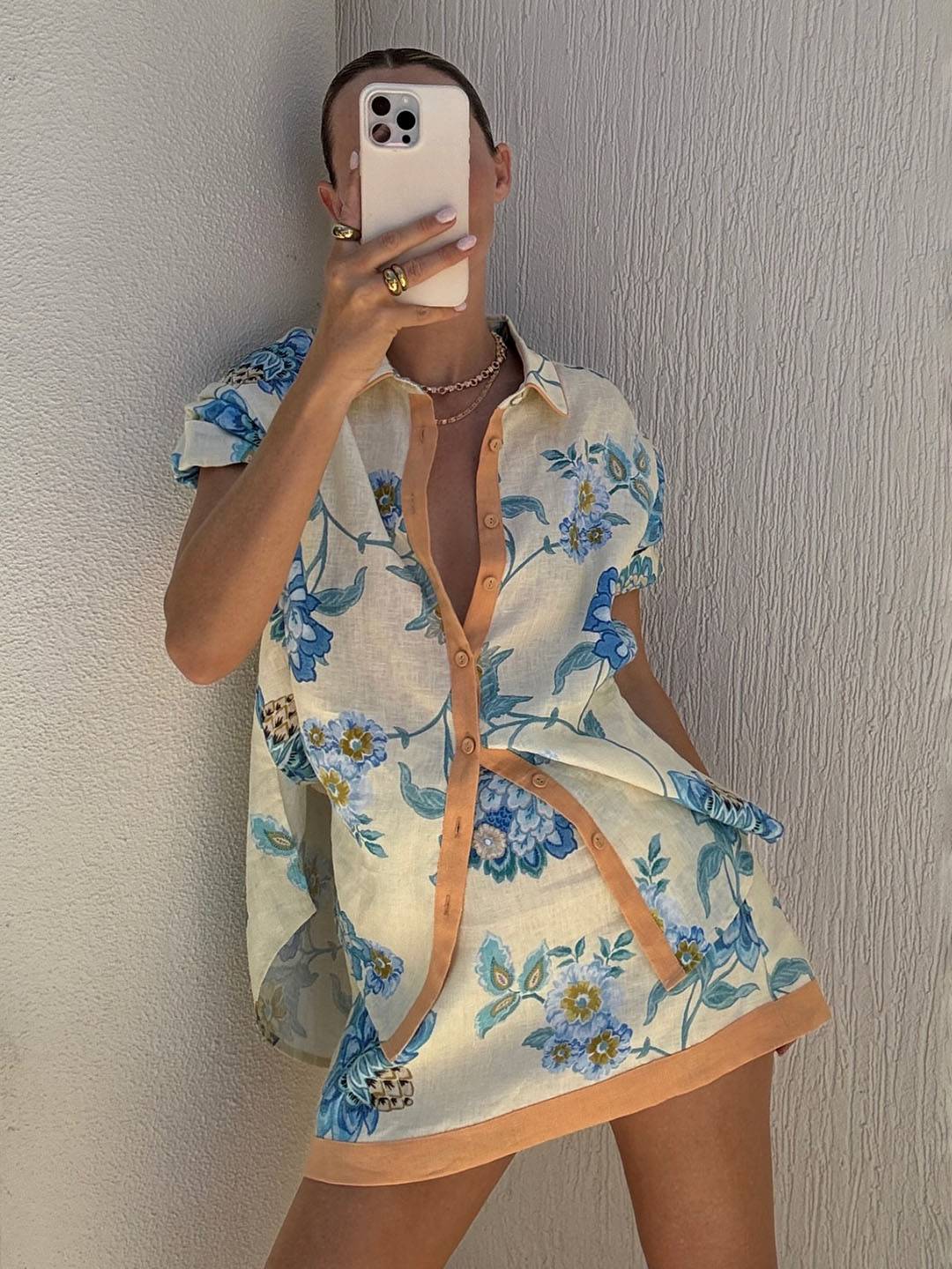 Cocolii ensemble tenue avec jpue imprimé à fleurie boutonnage col chemise manches courtes chemise femme décontracté bleu jaune