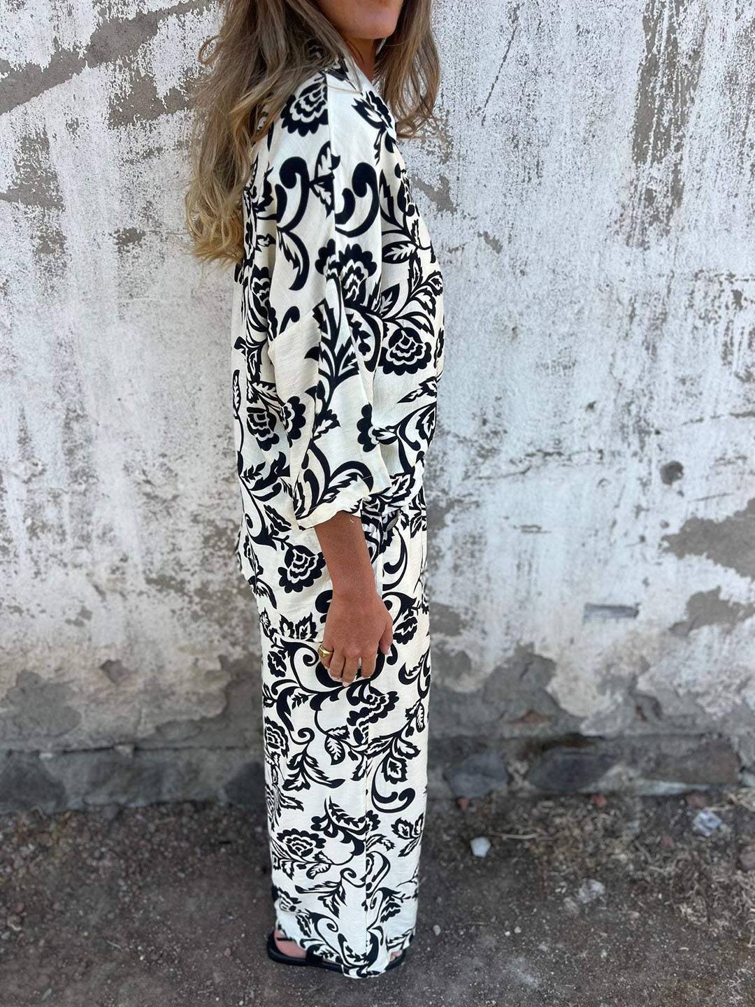 Cocolii ensembles imprimé à fleurie poches col chemise manches longues chemise et pantalon femme casual décontracté deux pièces