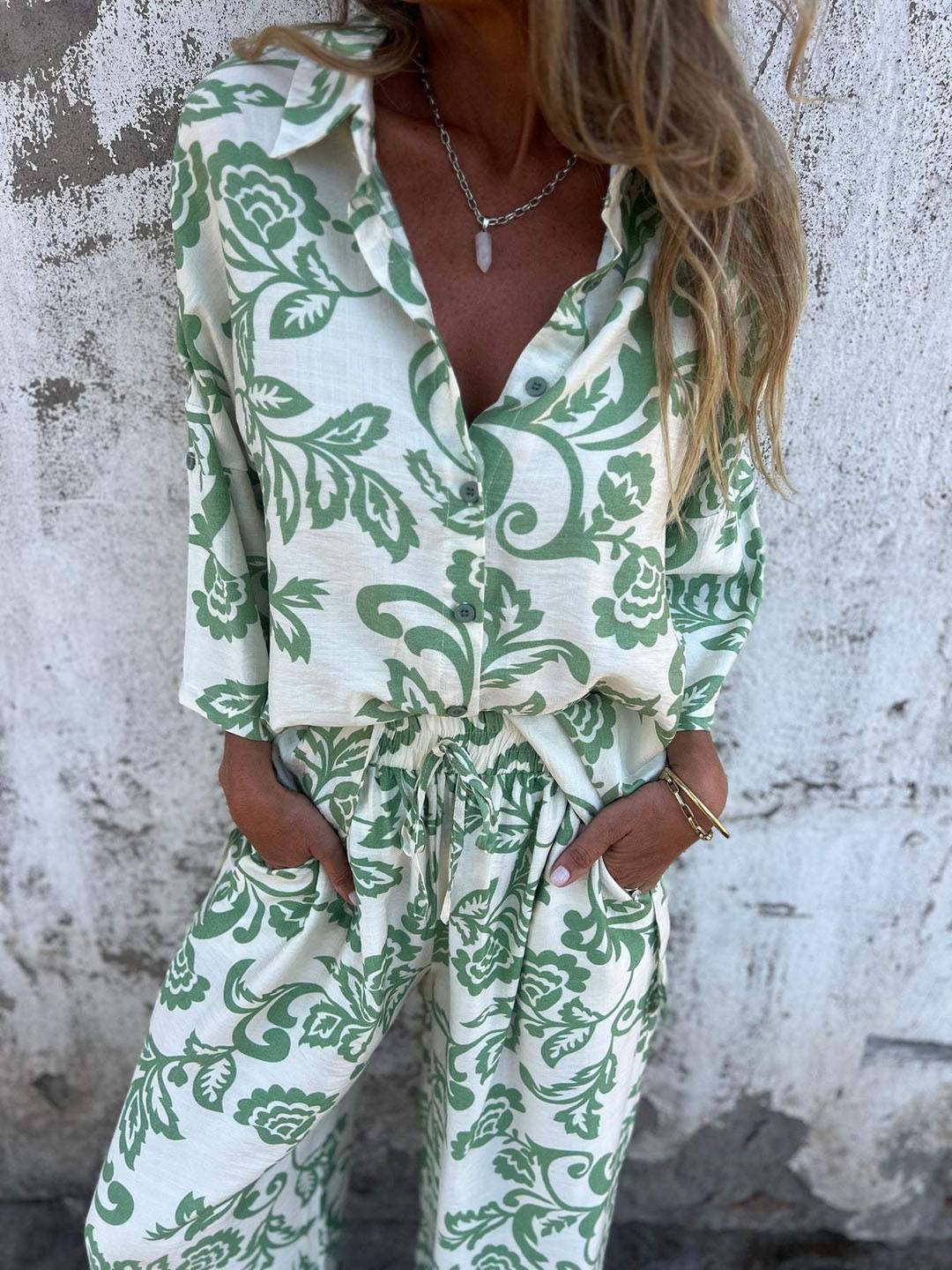 Cocolii ensembles imprimé à fleurie poches col chemise manches longues chemise et pantalon femme casual décontracté deux pièces