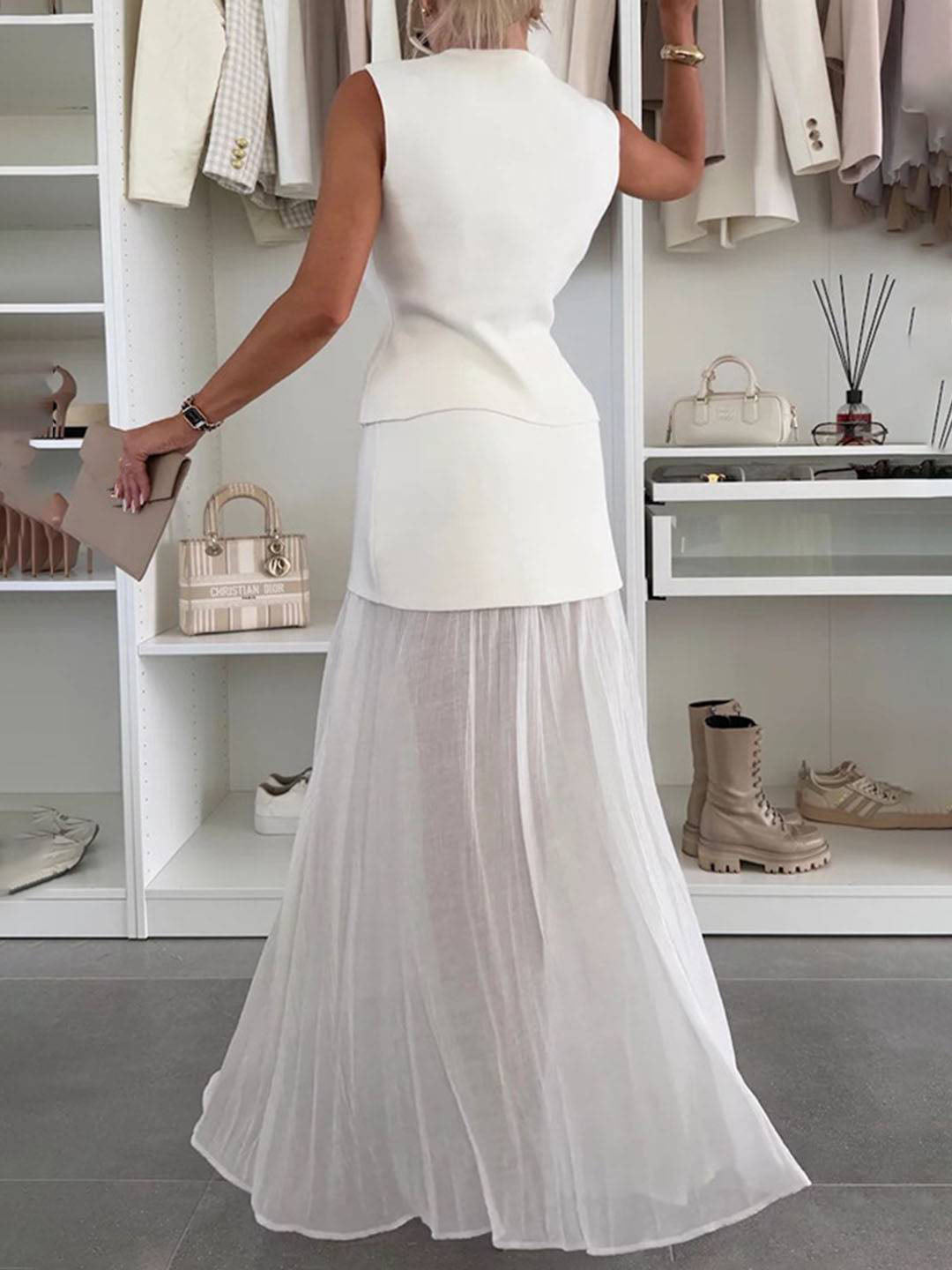 Cocolii tenu ensembles tailleur v-cou sans manches gilet et jupe tulle fluide décontracté chic pour vacances deux pièces