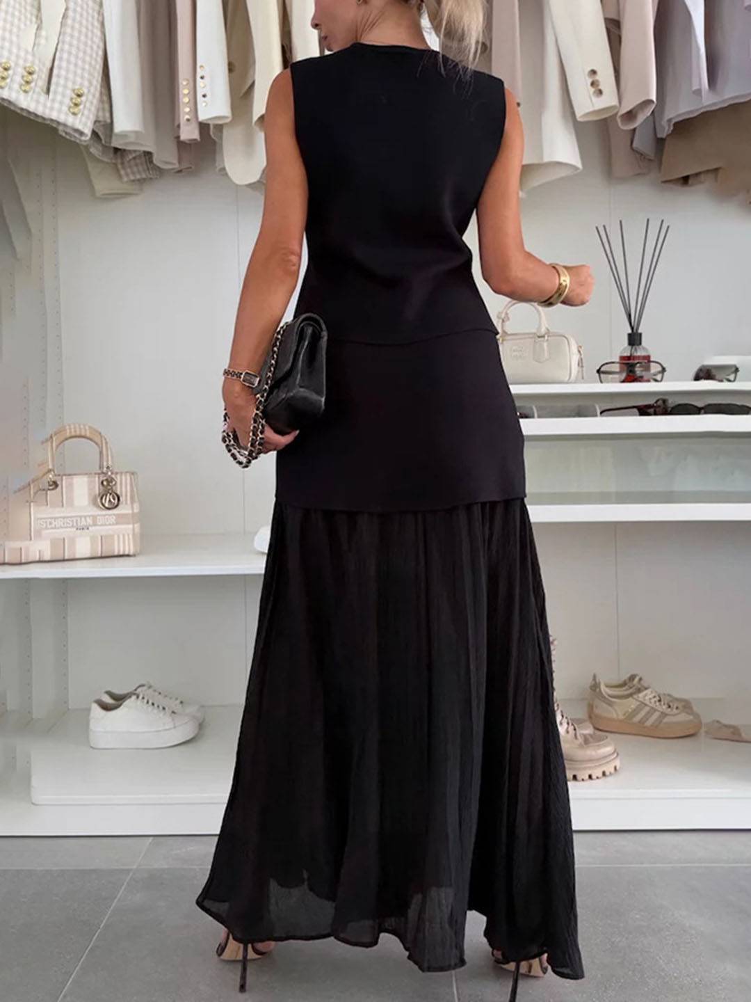 Cocolii tenu ensembles tailleur v-cou sans manches gilet et jupe tulle fluide décontracté chic pour vacances deux pièces