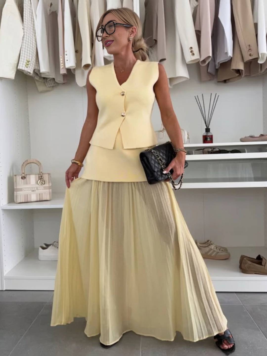 Cocolii tenu ensembles tailleur v-cou sans manches gilet et jupe tulle fluide décontracté chic pour vacances deux pièces