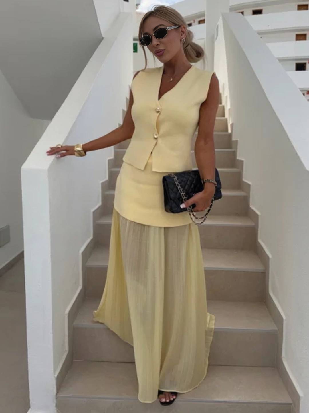 Cocolii tenu ensembles tailleur v-cou sans manches gilet et jupe tulle fluide décontracté chic pour vacances deux pièces