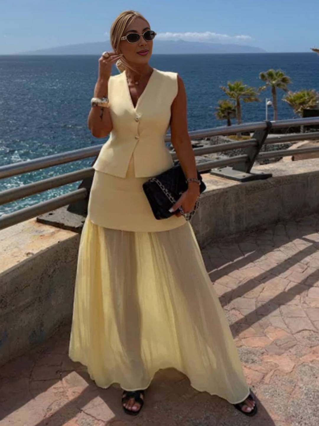 Cocolii tenu ensembles tailleur v-cou sans manches gilet et jupe tulle fluide décontracté chic pour vacances deux pièces