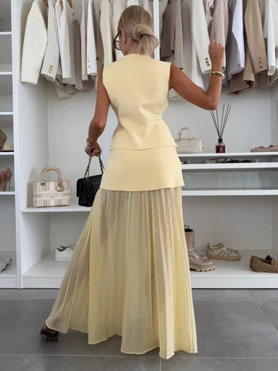 Cocolii tenu ensembles tailleur v-cou sans manches gilet et jupe tulle fluide décontracté chic pour vacances deux pièces