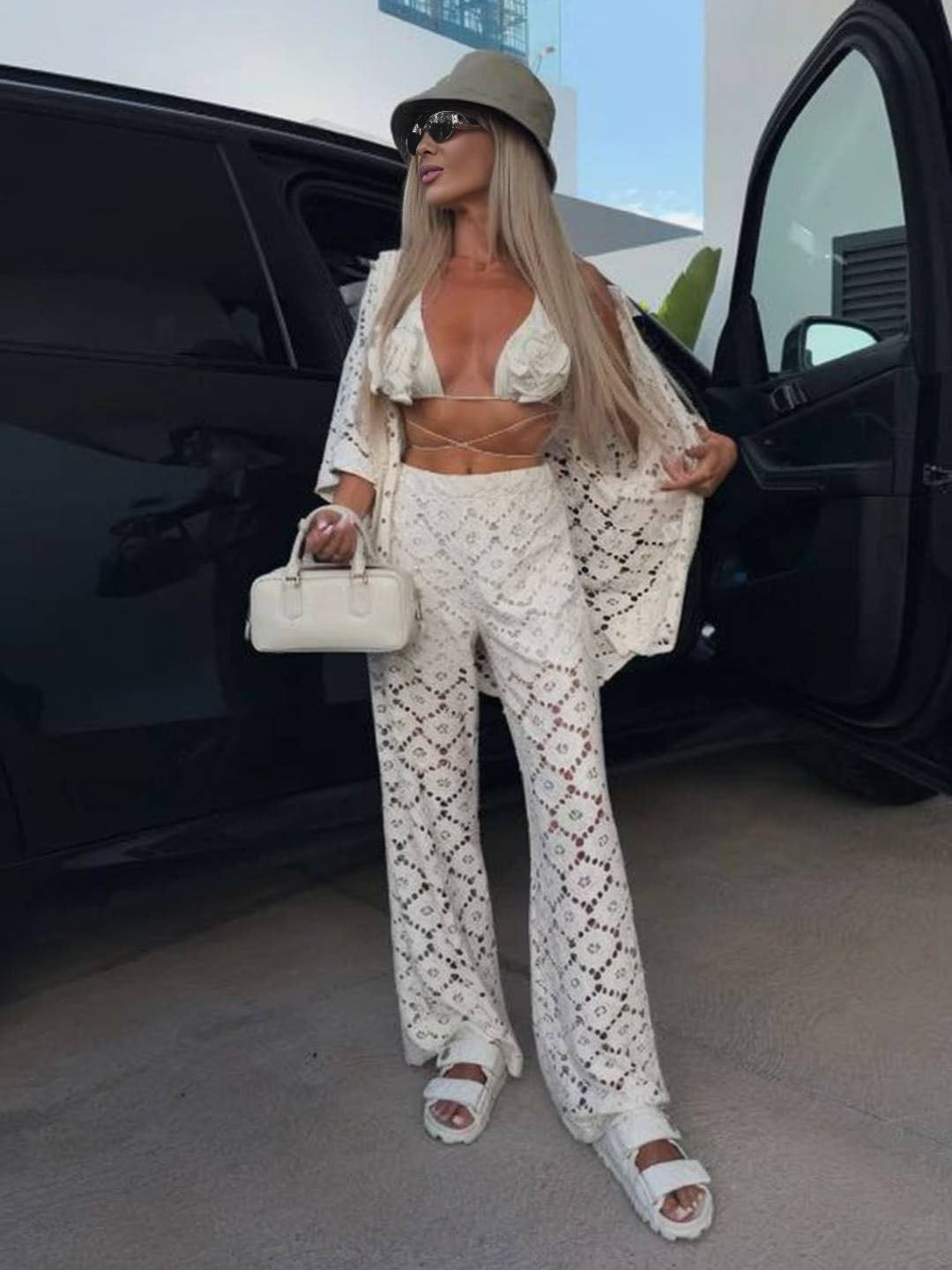 Cocolii tenu femme dentelle broderie anglaise ensembles avec pantalon col chemise manches courtes boho décontracté deux pièces