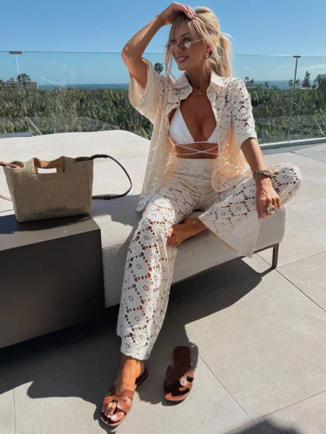 Cocolii tenu femme dentelle broderie anglaise ensembles avec pantalon col chemise manches courtes boho décontracté deux pièces