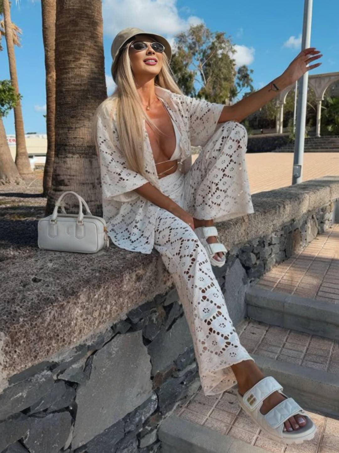 Cocolii tenu femme dentelle broderie anglaise ensembles avec pantalon col chemise manches courtes boho décontracté deux pièces