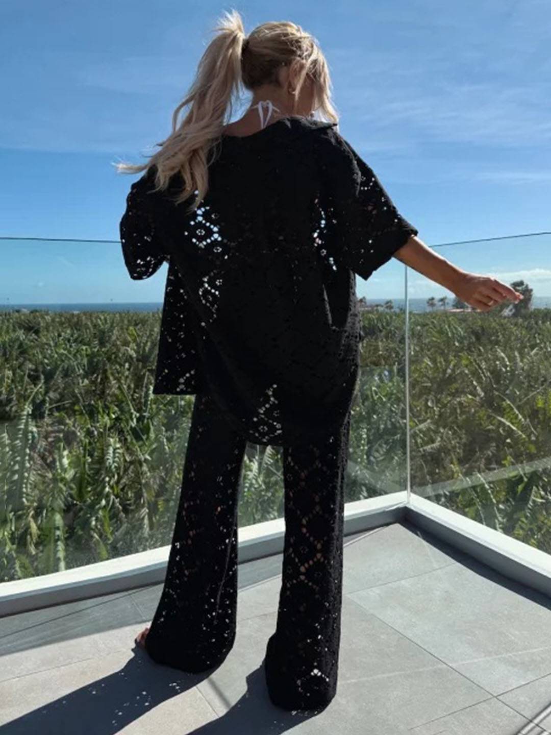 Cocolii tenu femme dentelle broderie anglaise ensembles avec pantalon col chemise manches courtes boho décontracté deux pièces