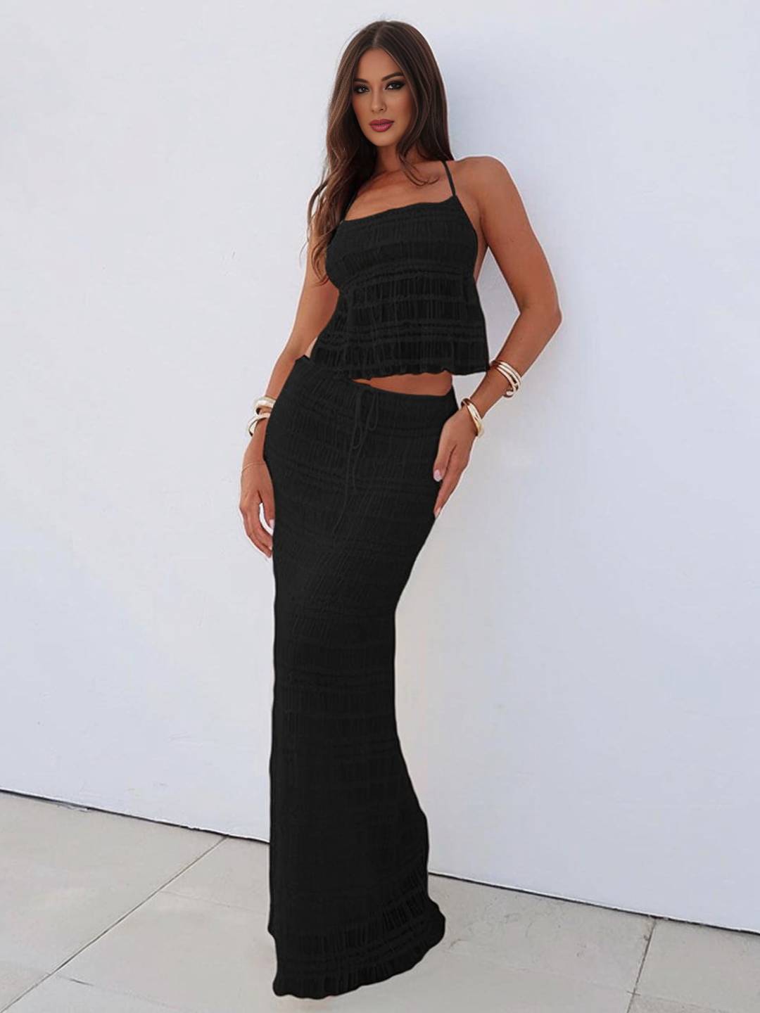 Cocolii tenue ensemble avec longue jupe mousseline dos nu licou sans manches débardeur robe femme bohème décontracté deux pièces