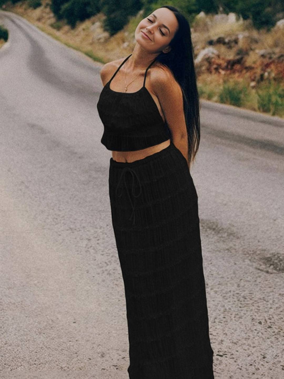 Cocolii tenue ensemble avec longue jupe mousseline dos nu licou sans manches débardeur robe femme bohème décontracté deux pièces