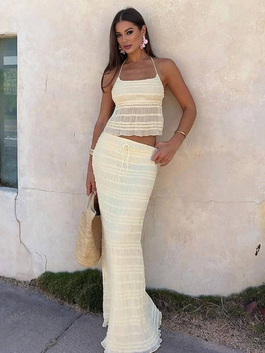 Cocolii tenue ensemble avec longue jupe mousseline dos nu licou sans manches débardeur robe femme bohème décontracté deux pièces