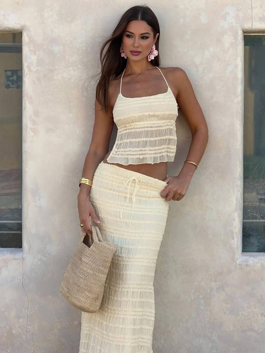 Cocolii tenue ensemble avec longue jupe mousseline dos nu licou sans manches débardeur robe femme bohème décontracté deux pièces