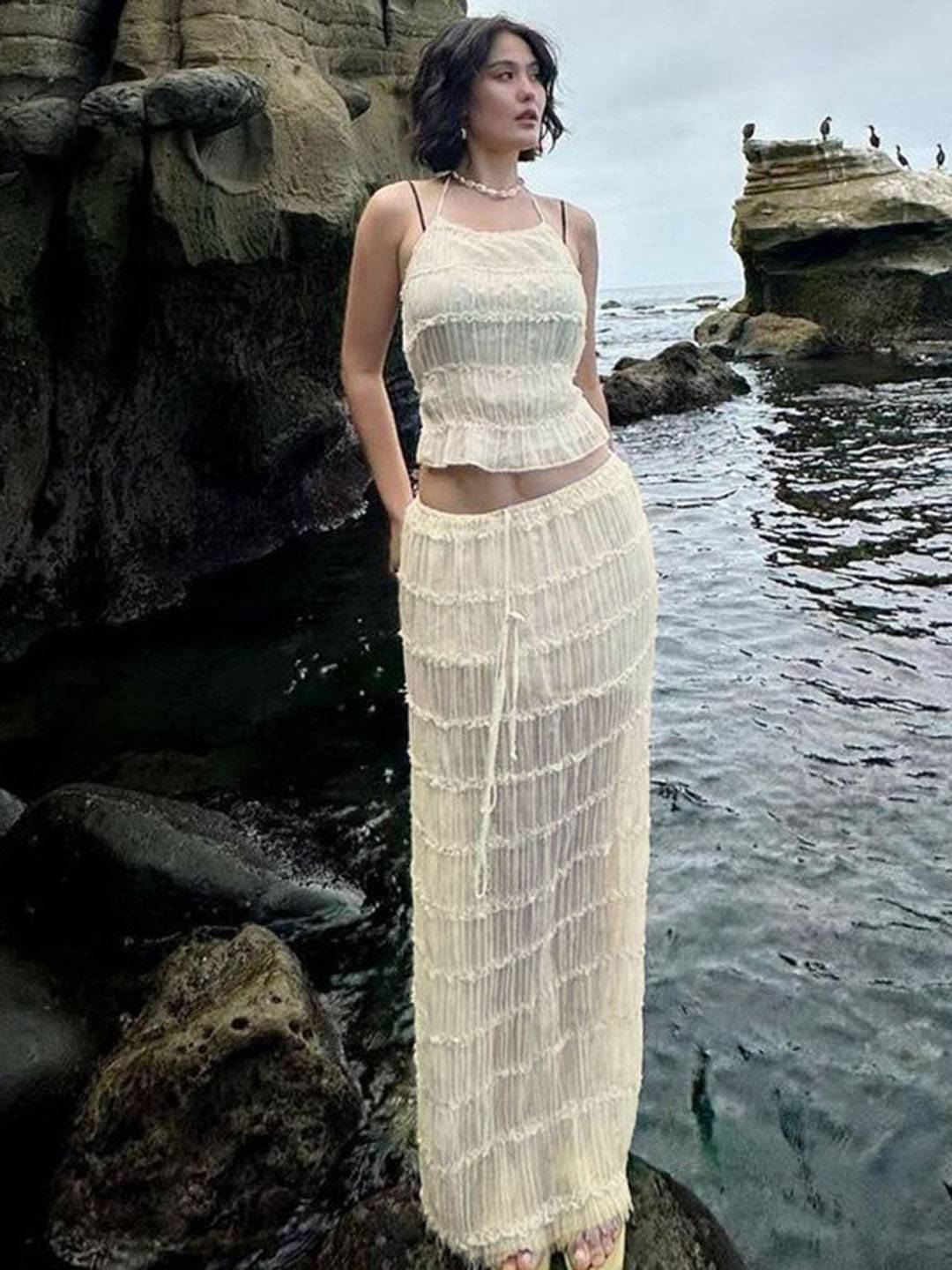 Cocolii tenue ensemble avec longue jupe mousseline dos nu licou sans manches débardeur robe femme bohème décontracté deux pièces