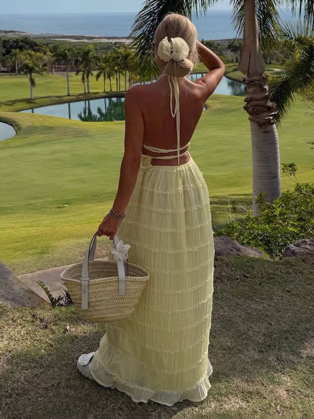 Cocolii ensemble avec longue jupe licou dos nu sans manches débardeur femme dou bohème simple décontracté deux pièces