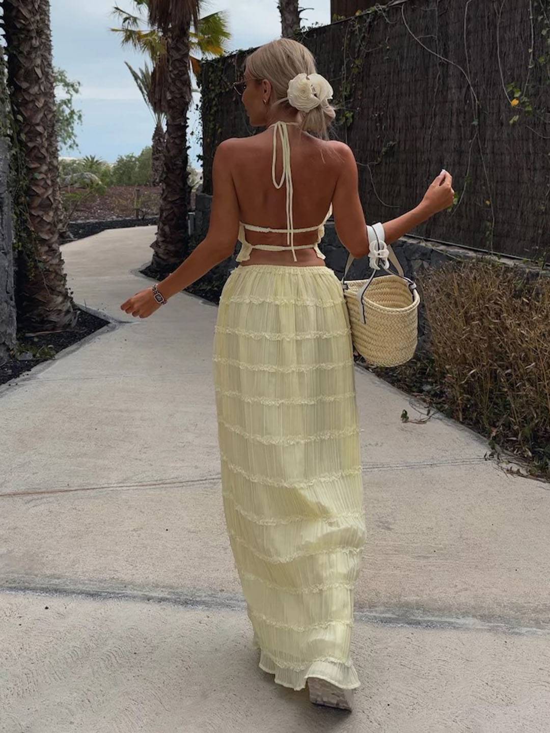 Cocolii ensemble avec longue jupe licou dos nu sans manches débardeur femme dou bohème simple décontracté deux pièces