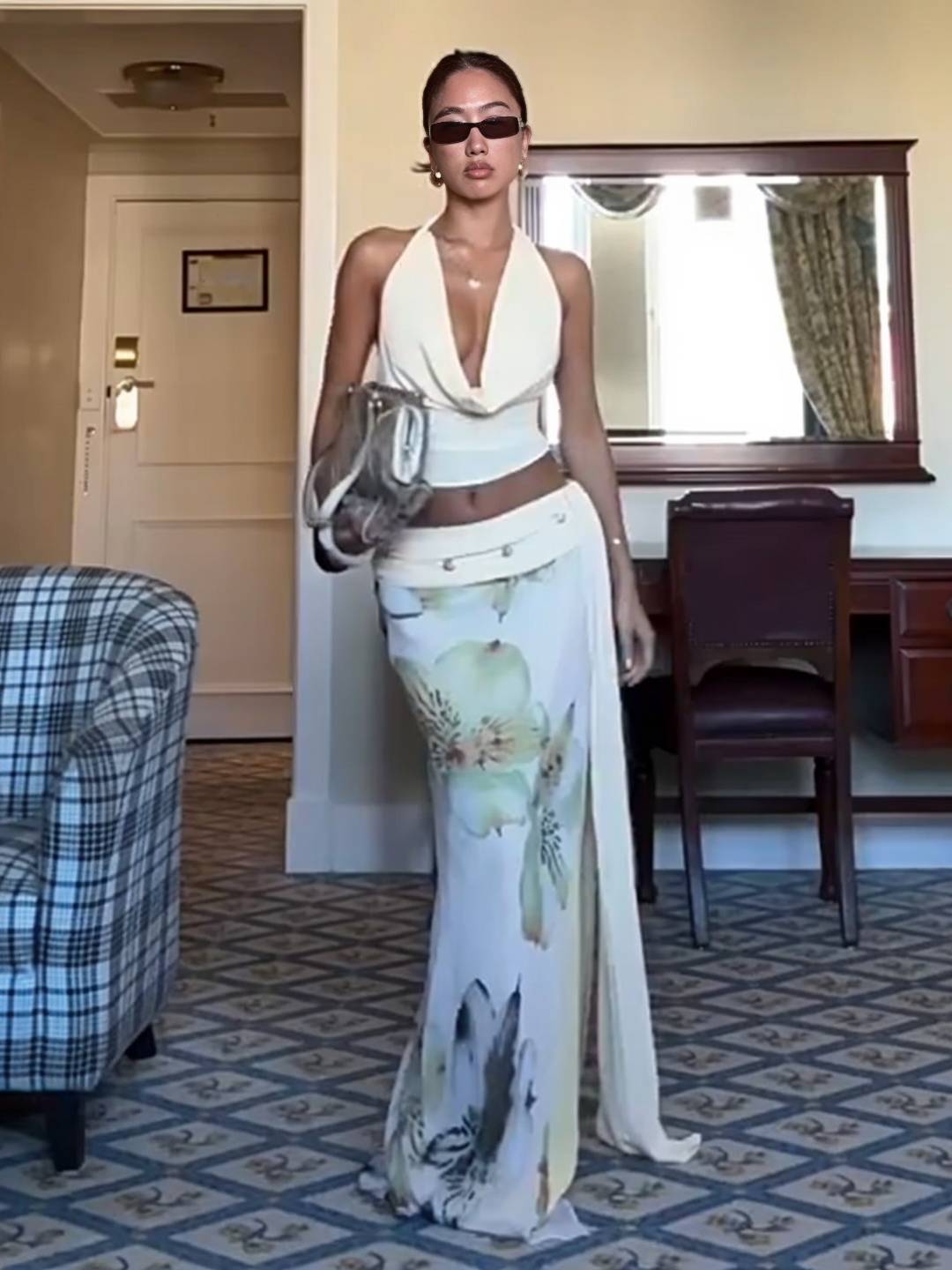 Cocolii ensemble avec longue imprimé à fleurie fendu jupe licou décolleté plongeant dos nu sans manches hauts femme décontracté