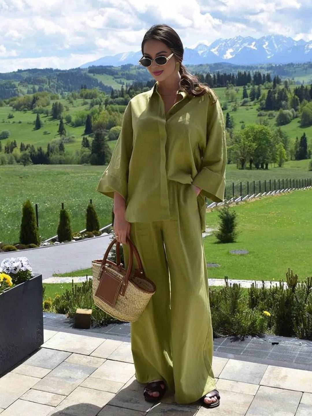 Cocolii ensembles avec poches pantalon unicolore boutonnage col chemise manches longues blouse femme ample décontracté tenue