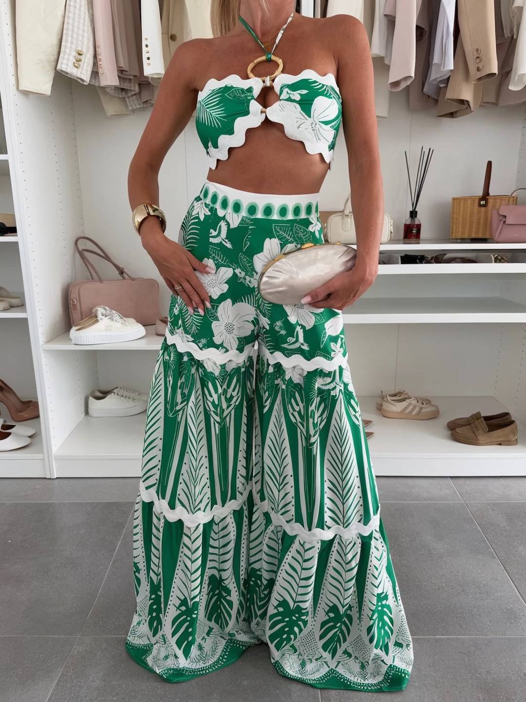 Cocolii lin imprimé à fleurie ensemble avec pantalon larges jambes évasé top bandeau court licou femme boho décontracté