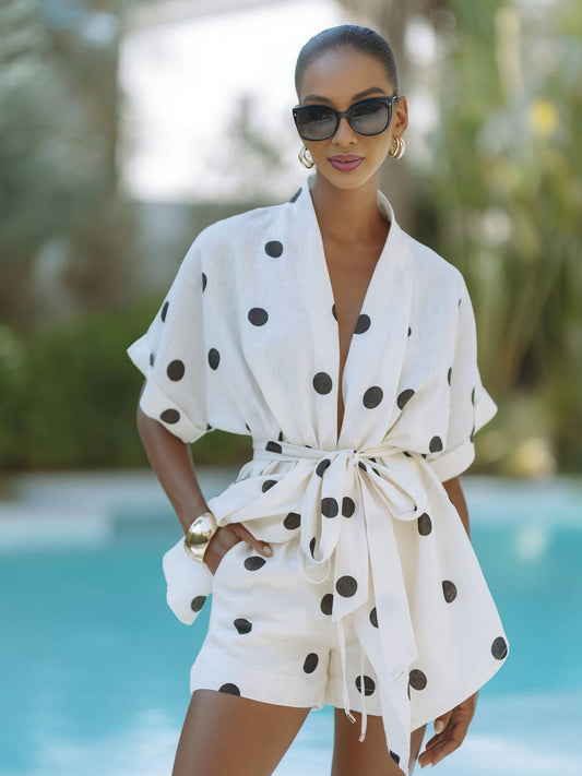 Cocolii lin ensemble à pois v-cou ceinture manches courtes hauts avec poches shorts femme ample décontracté deux pièces