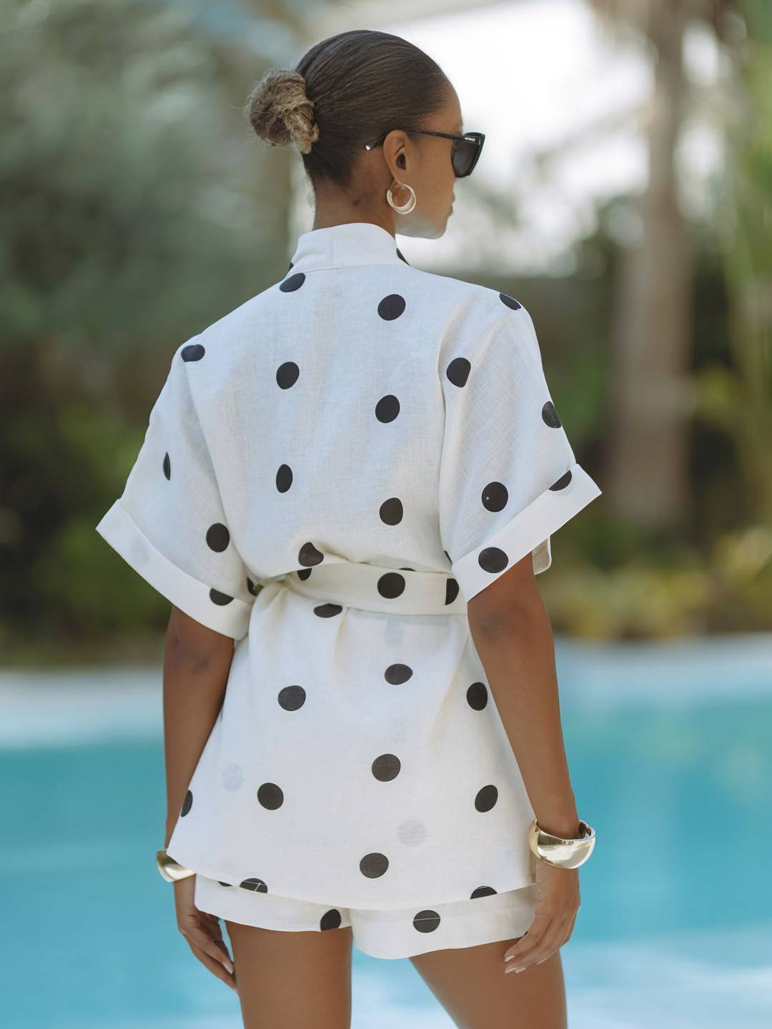 Cocolii lin ensemble à pois v-cou ceinture manches courtes hauts avec poches shorts femme ample décontracté deux pièces