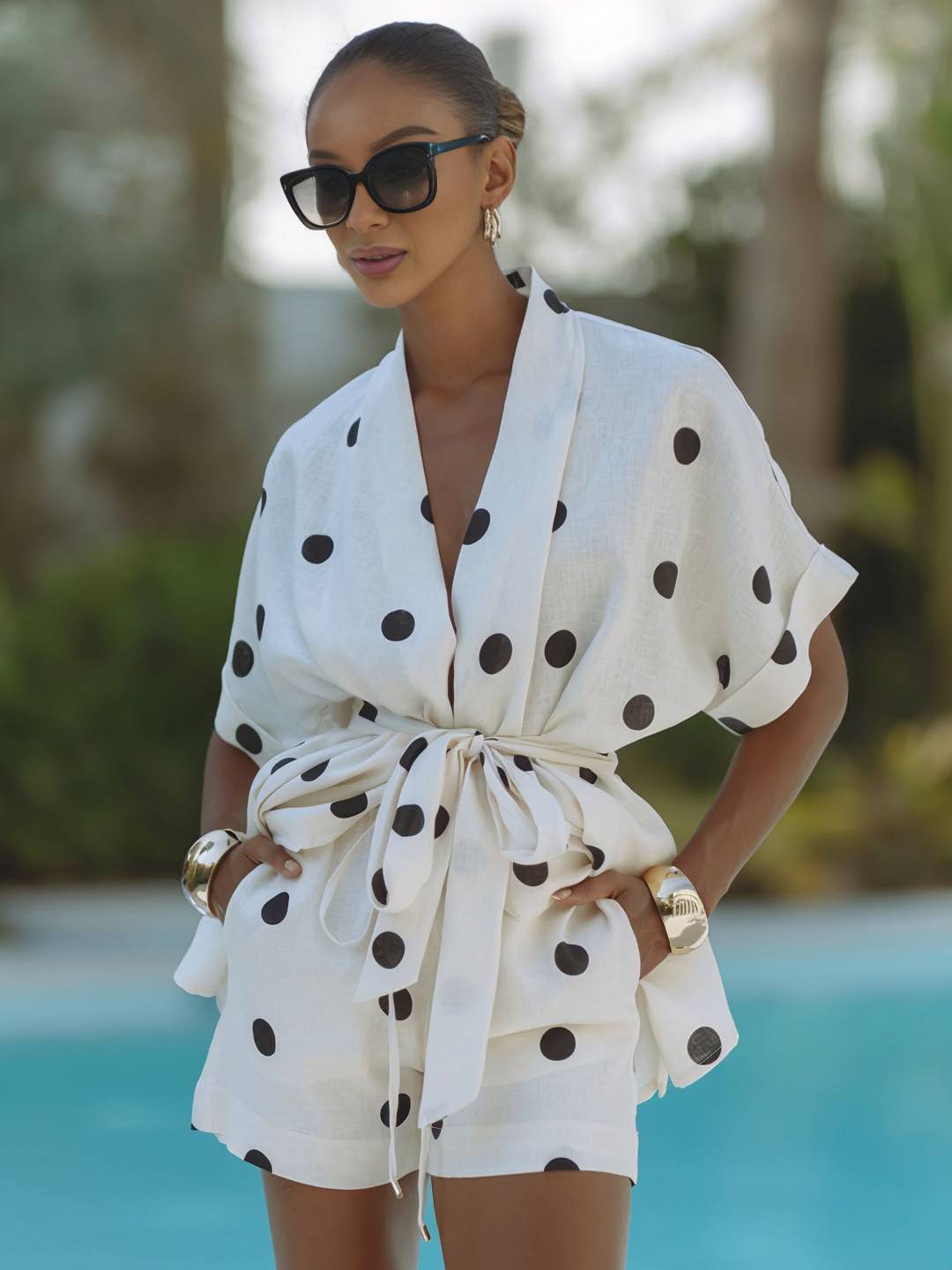 Cocolii lin ensemble à pois v-cou ceinture manches courtes hauts avec poches shorts femme ample décontracté deux pièces