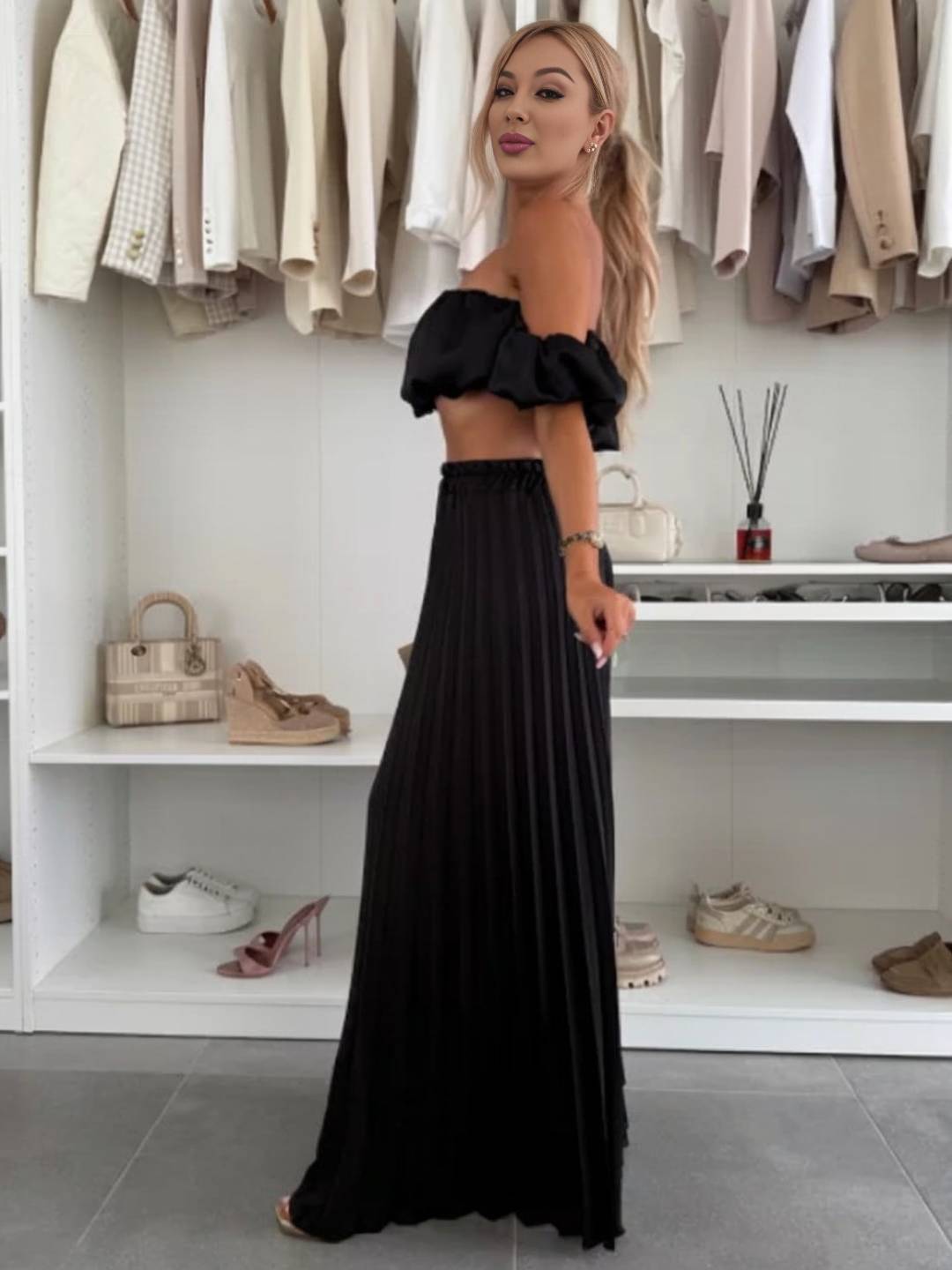 Cocolii ensembles avec fluide plissé pantalon cropped bustier col bateau sans manches hauts femme casual