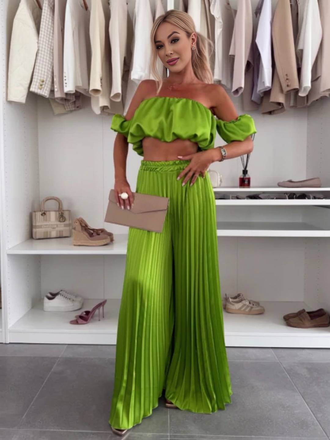 Cocolii ensembles avec fluide plissé pantalon cropped bustier col bateau sans manches hauts femme casual