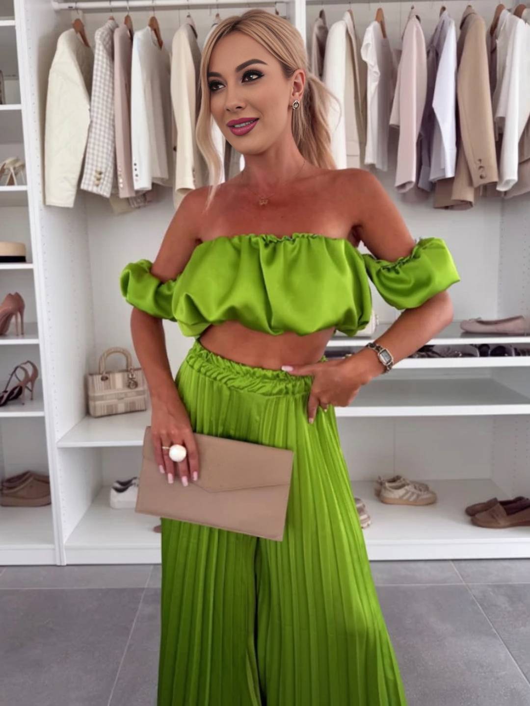 Cocolii ensembles avec fluide plissé pantalon cropped bustier col bateau sans manches hauts femme casual