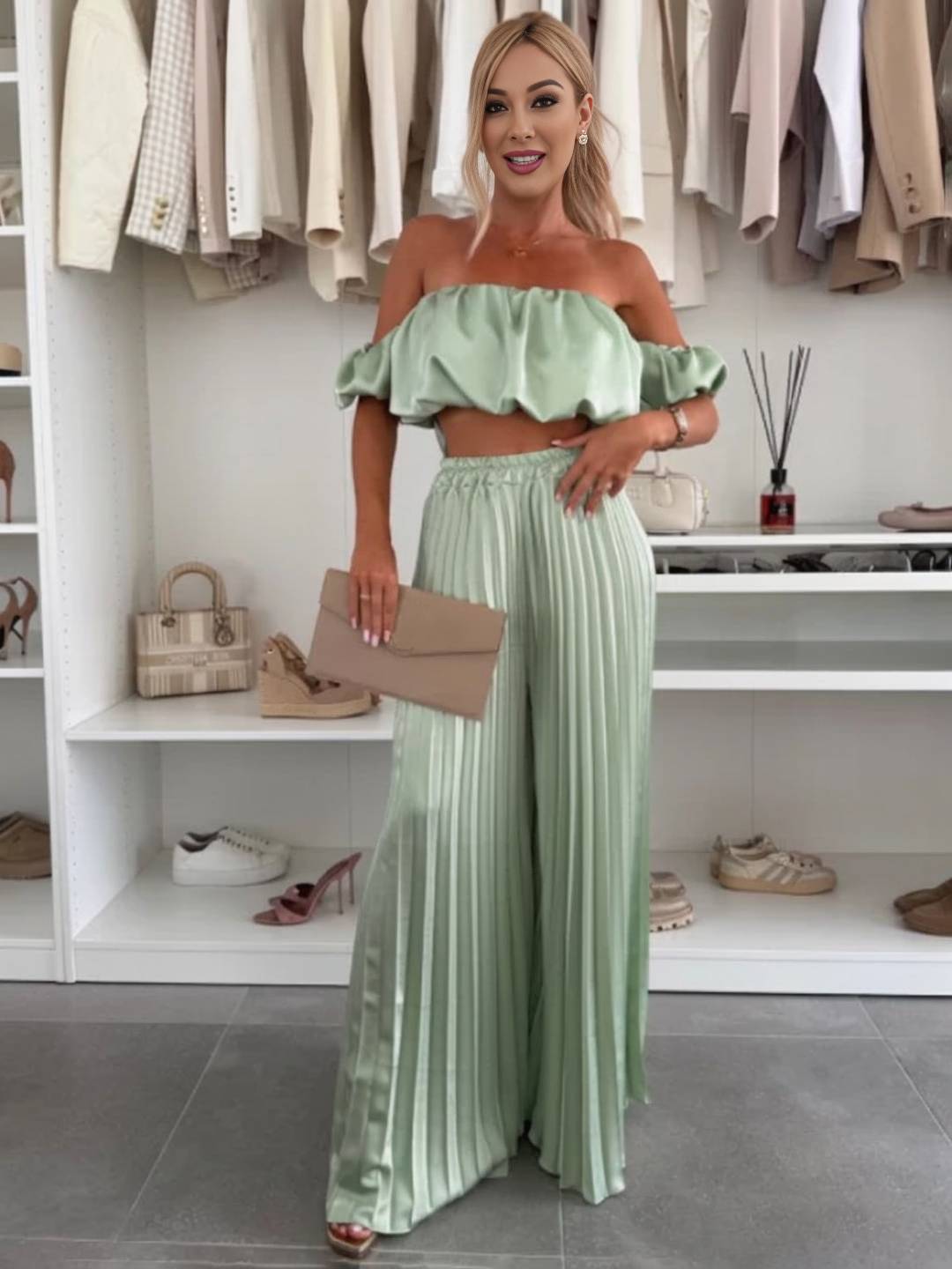 Cocolii ensembles avec fluide plissé pantalon cropped bustier col bateau sans manches hauts femme casual