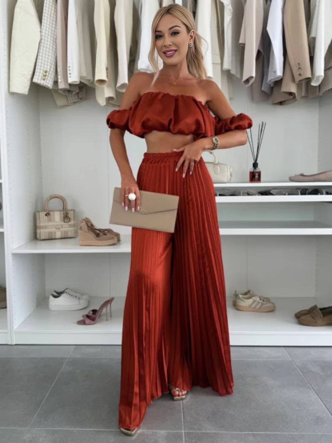 Cocolii ensembles avec fluide plissé pantalon cropped bustier col bateau sans manches hauts femme casual