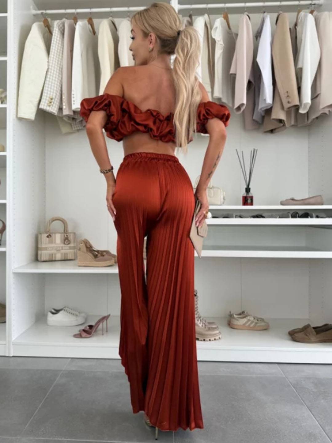 Cocolii ensembles avec fluide plissé pantalon cropped bustier col bateau sans manches hauts femme casual