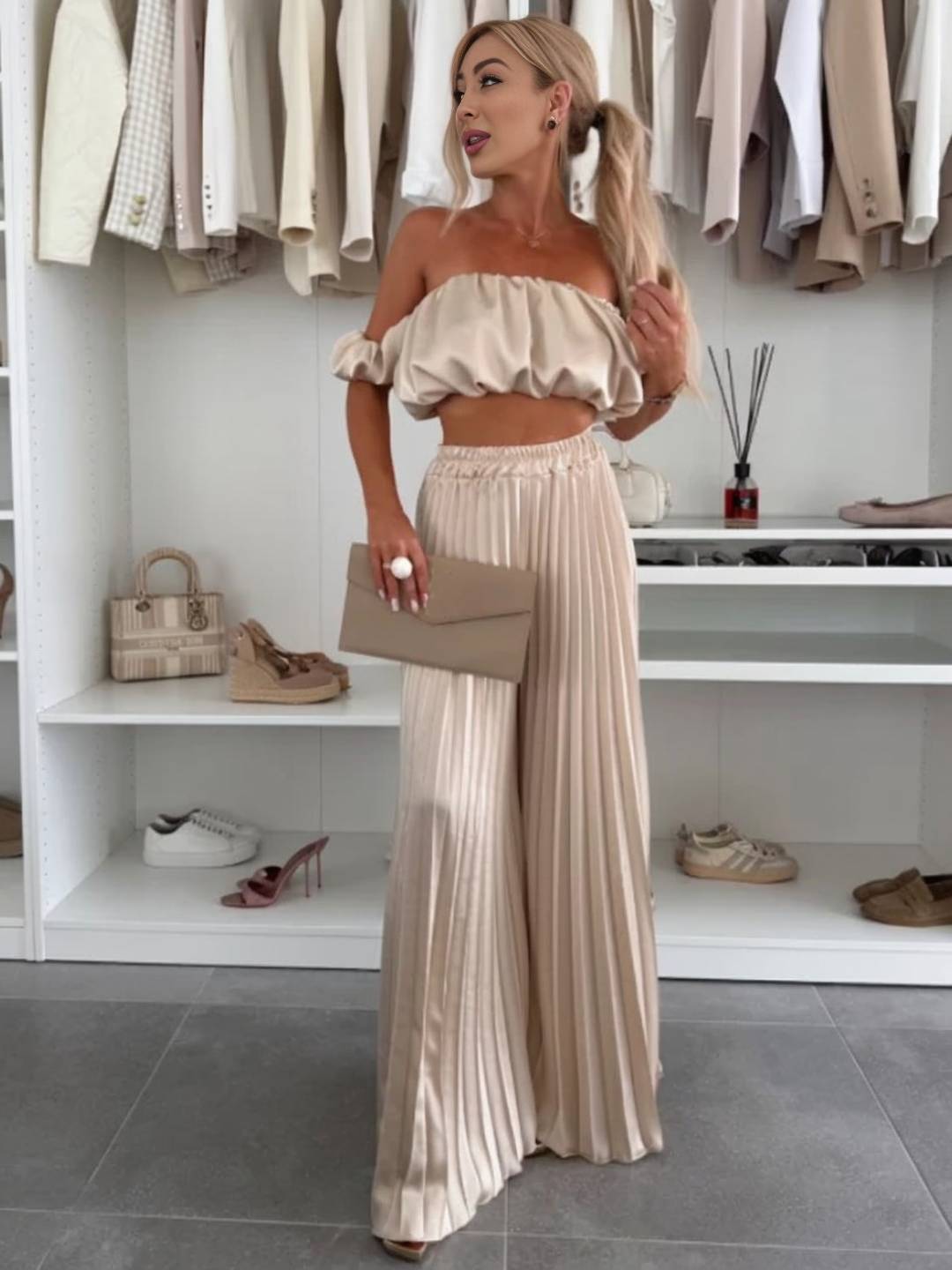 Cocolii ensembles avec fluide plissé pantalon cropped bustier col bateau sans manches hauts femme casual