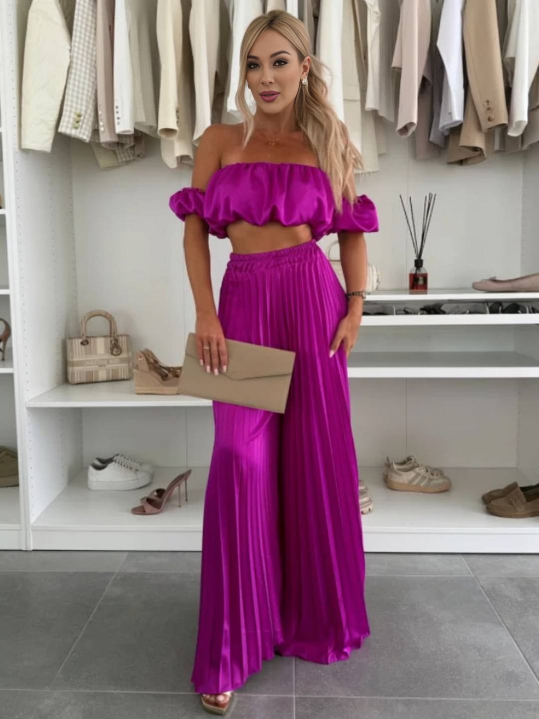 Cocolii ensembles avec fluide plissé pantalon cropped bustier col bateau sans manches hauts femme casual