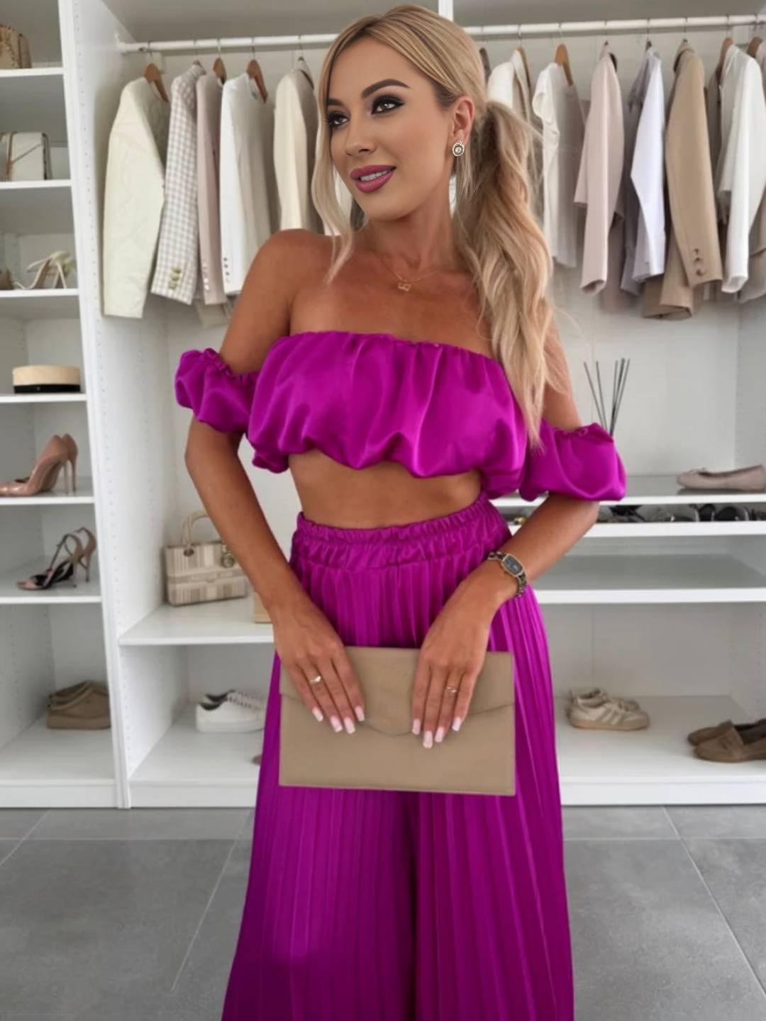 Cocolii ensembles avec fluide plissé pantalon cropped bustier col bateau sans manches hauts femme casual