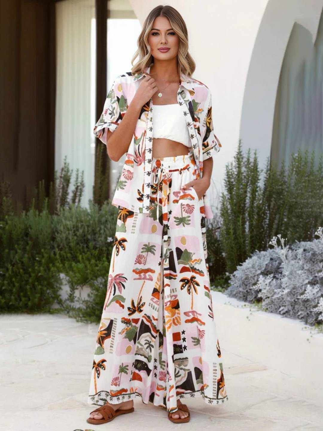 Cocolii imprimé tropicale feuille tenu ensembles larges jambes évasé avec pantalon manches courtes chemise femme bohème