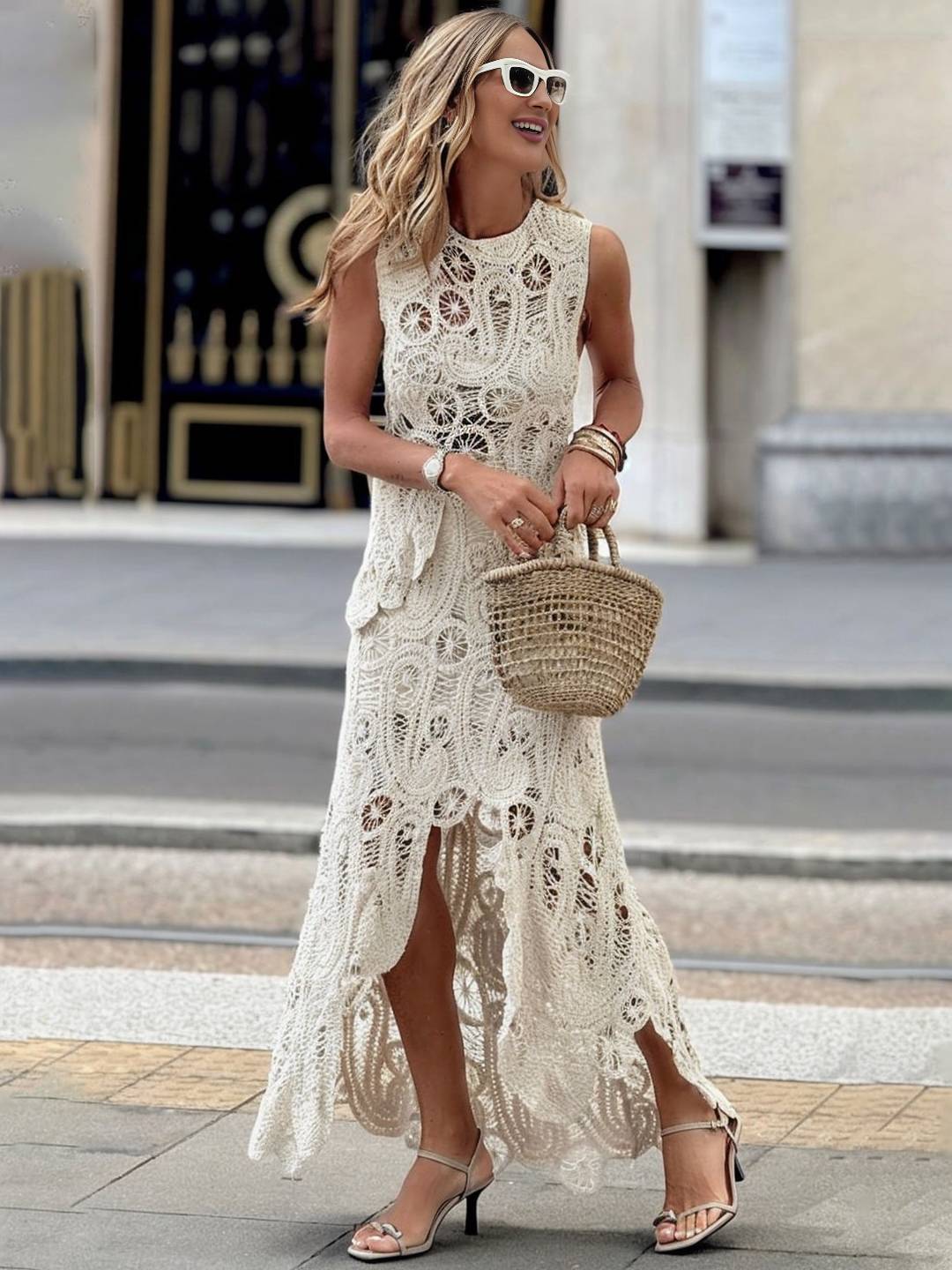 Cocolii robe découpes moulante dentelle col rond sans manches irrégulière femme élégant décontracté ensemble avec longue jupe