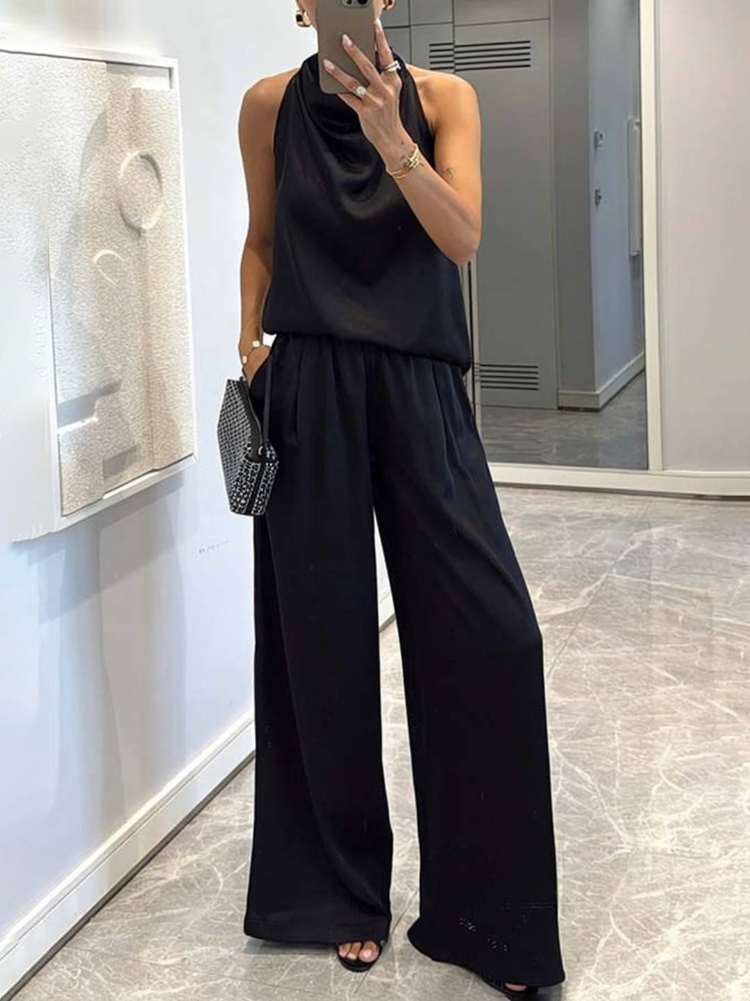 Cocolii combinaison larges jambes évasé en satin licou sans manches femme élégant décontracté ensembles avec pantalon