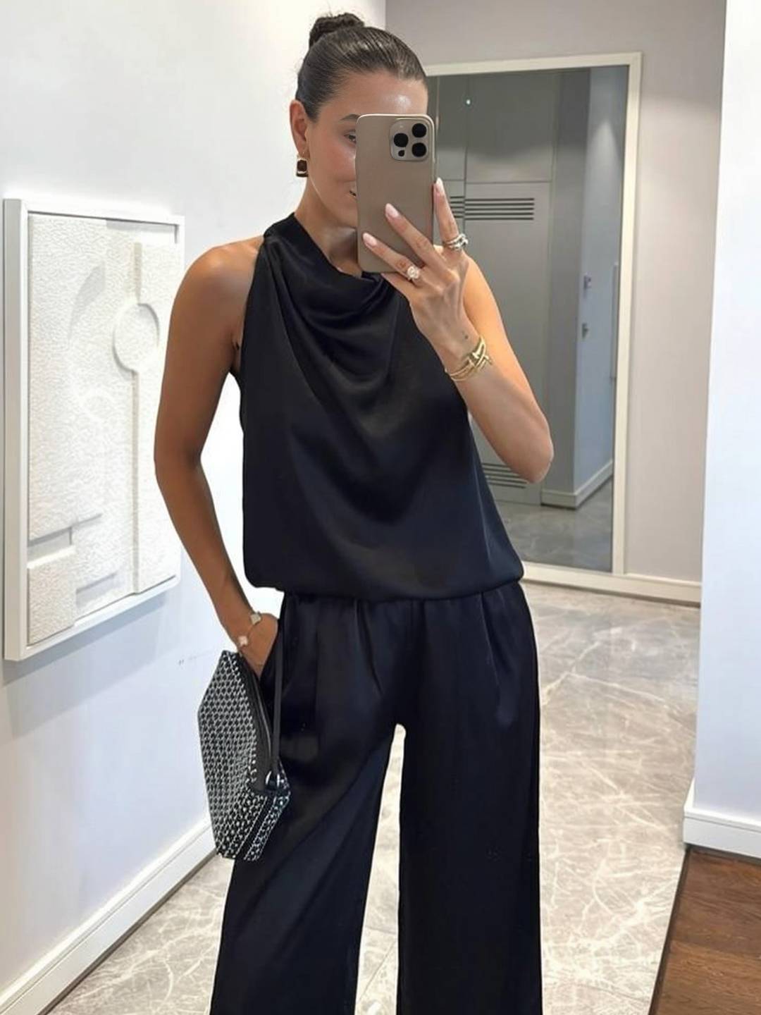 Cocolii combinaison larges jambes évasé en satin licou sans manches femme élégant décontracté ensembles avec pantalon