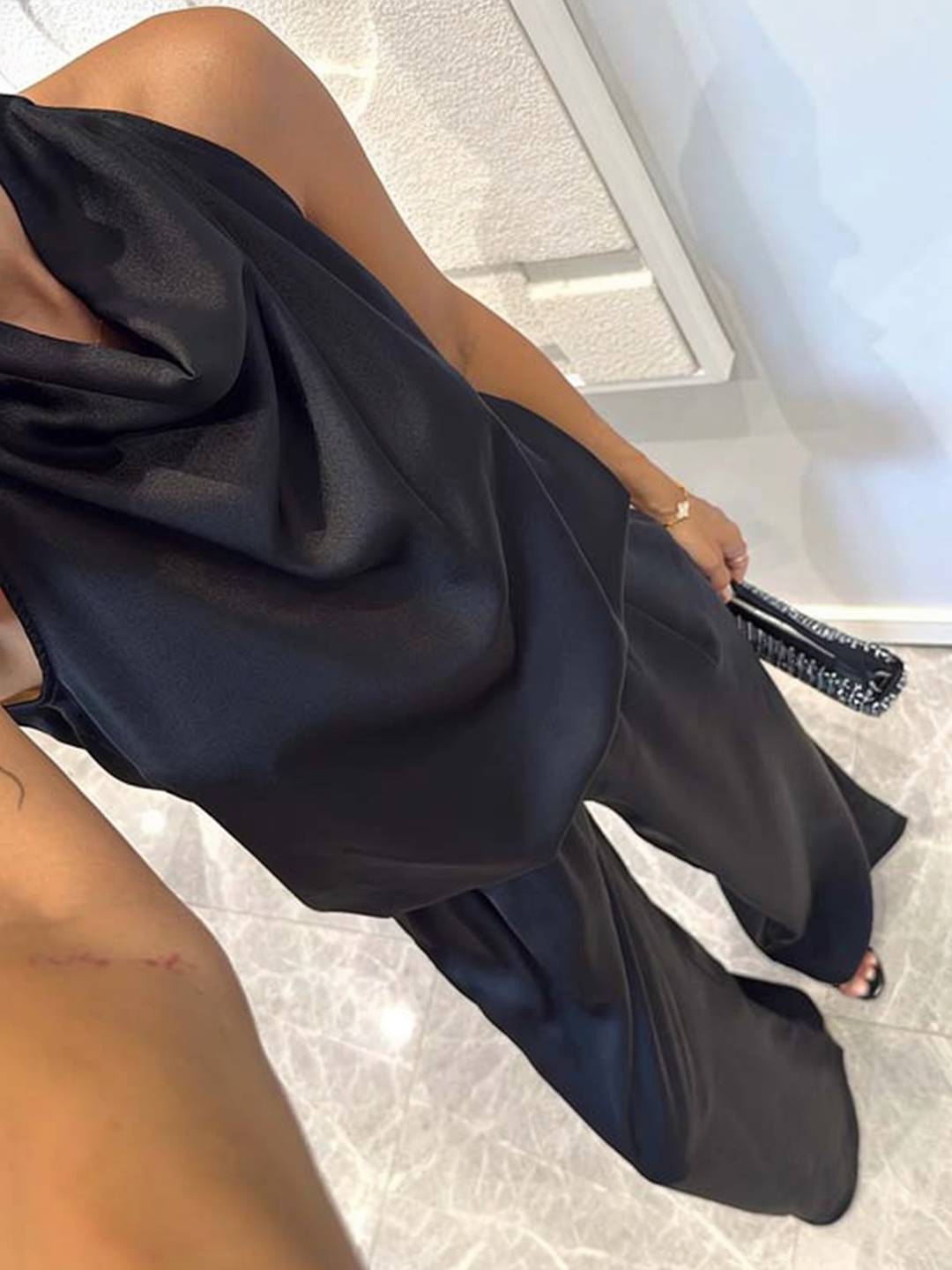 Cocolii combinaison larges jambes évasé en satin licou sans manches femme élégant décontracté ensembles avec pantalon