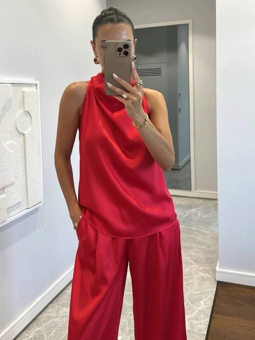 Cocolii combinaison larges jambes évasé en satin licou sans manches femme élégant décontracté ensembles avec pantalon