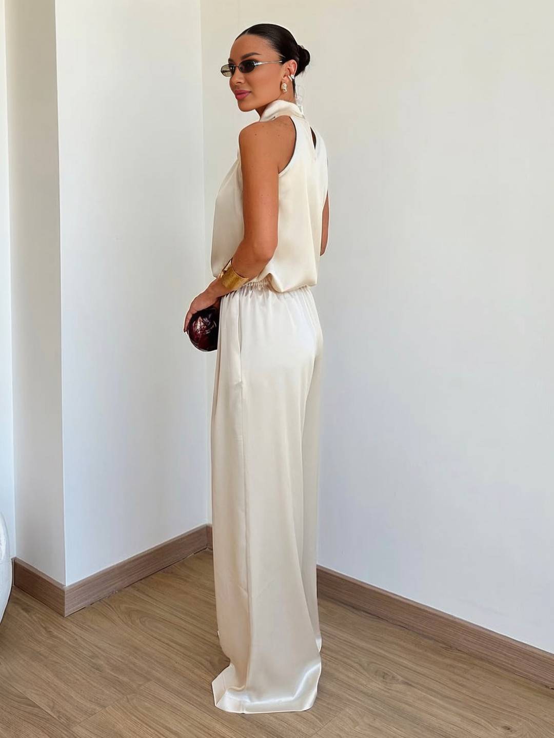 Cocolii combinaison larges jambes évasé en satin licou sans manches femme élégant décontracté ensembles avec pantalon