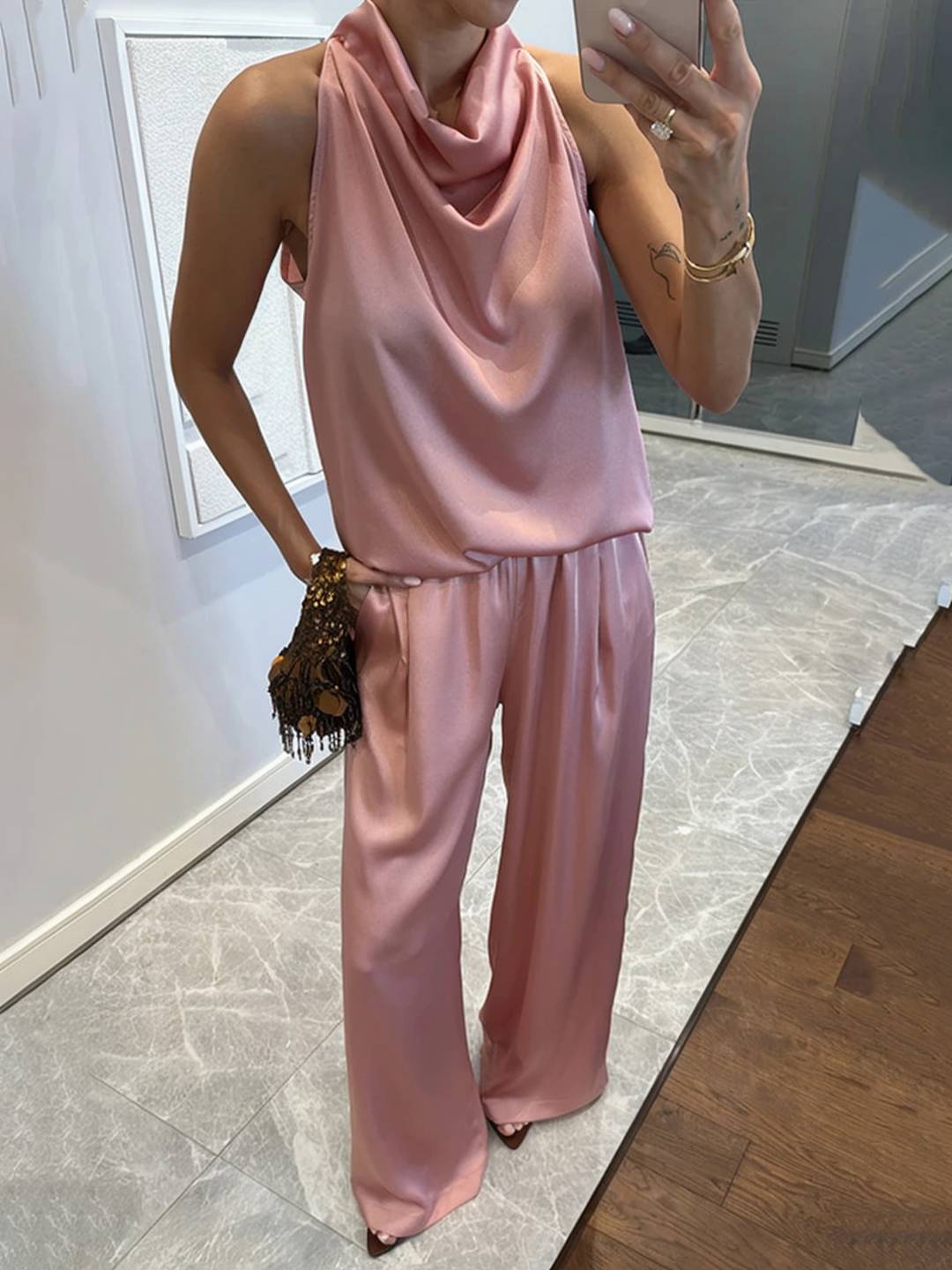 Cocolii combinaison larges jambes évasé en satin licou sans manches femme élégant décontracté ensembles avec pantalon