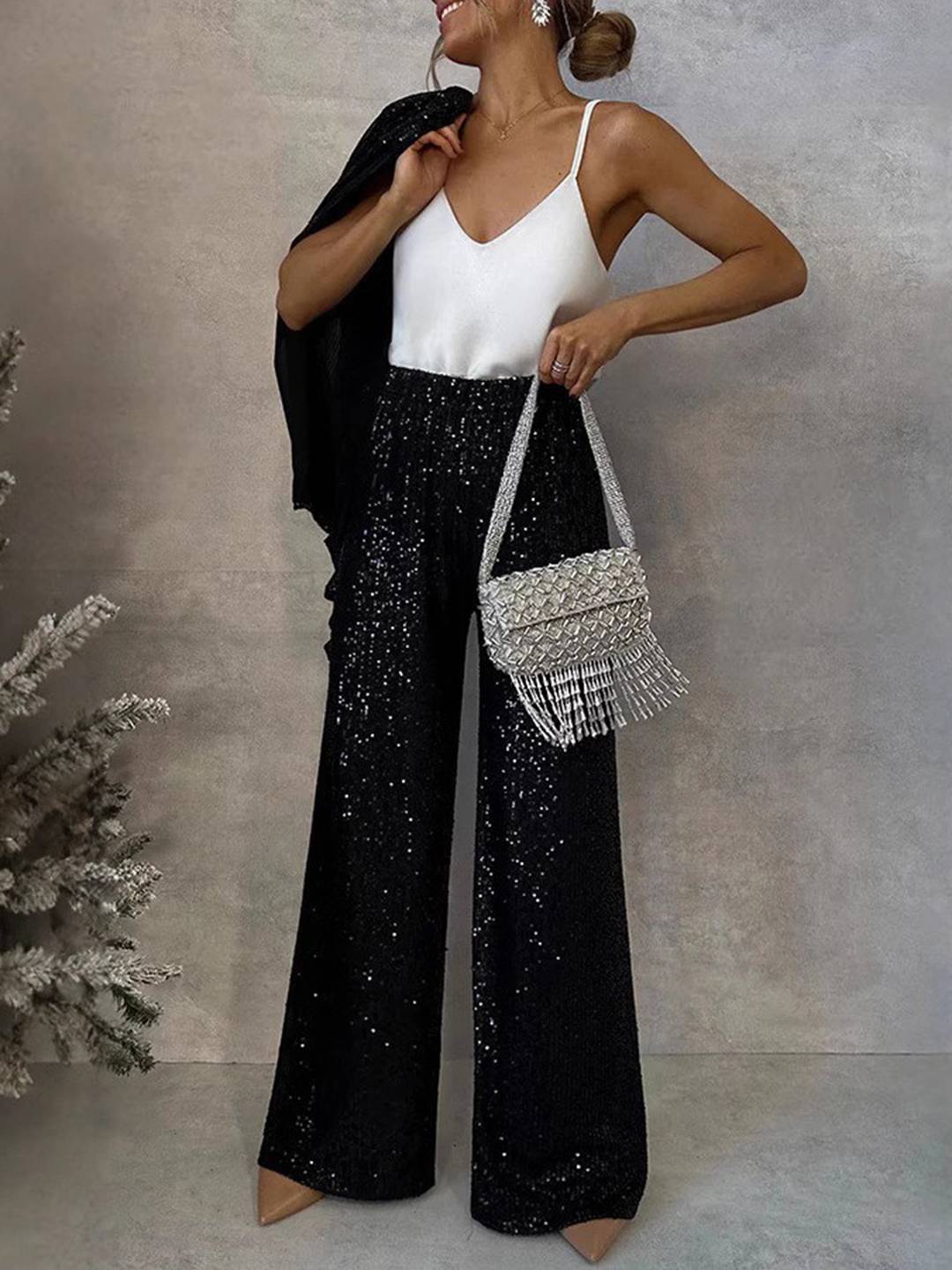 Cocolii ensembles femme 2 pièces gilet brillante paillette et pantalon flare évasé décontracté tenue de soirée